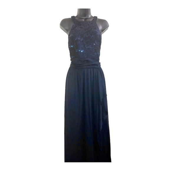 Dark blue sequin halter sheer chiffon faux wrap maxi evening dress gown size 10 - Picture 7 of 15